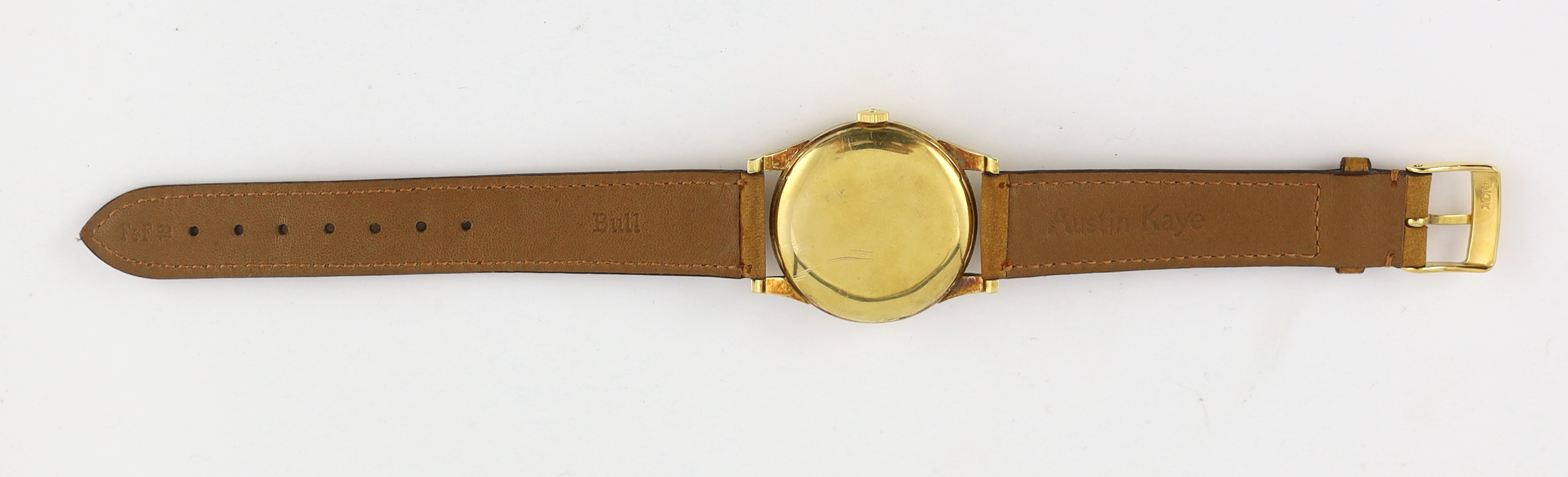 A gentleman's late 1940's 18ct gold Omega manual wind wrist watch